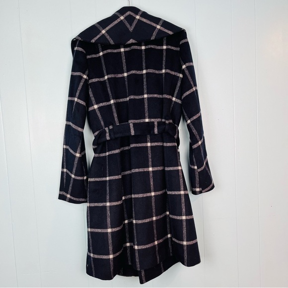 Ann Taylor Sz Medium Tall MT Window Pane Navy Blue Plaid Wrap Wool Long Coat - Picture 5 of 8